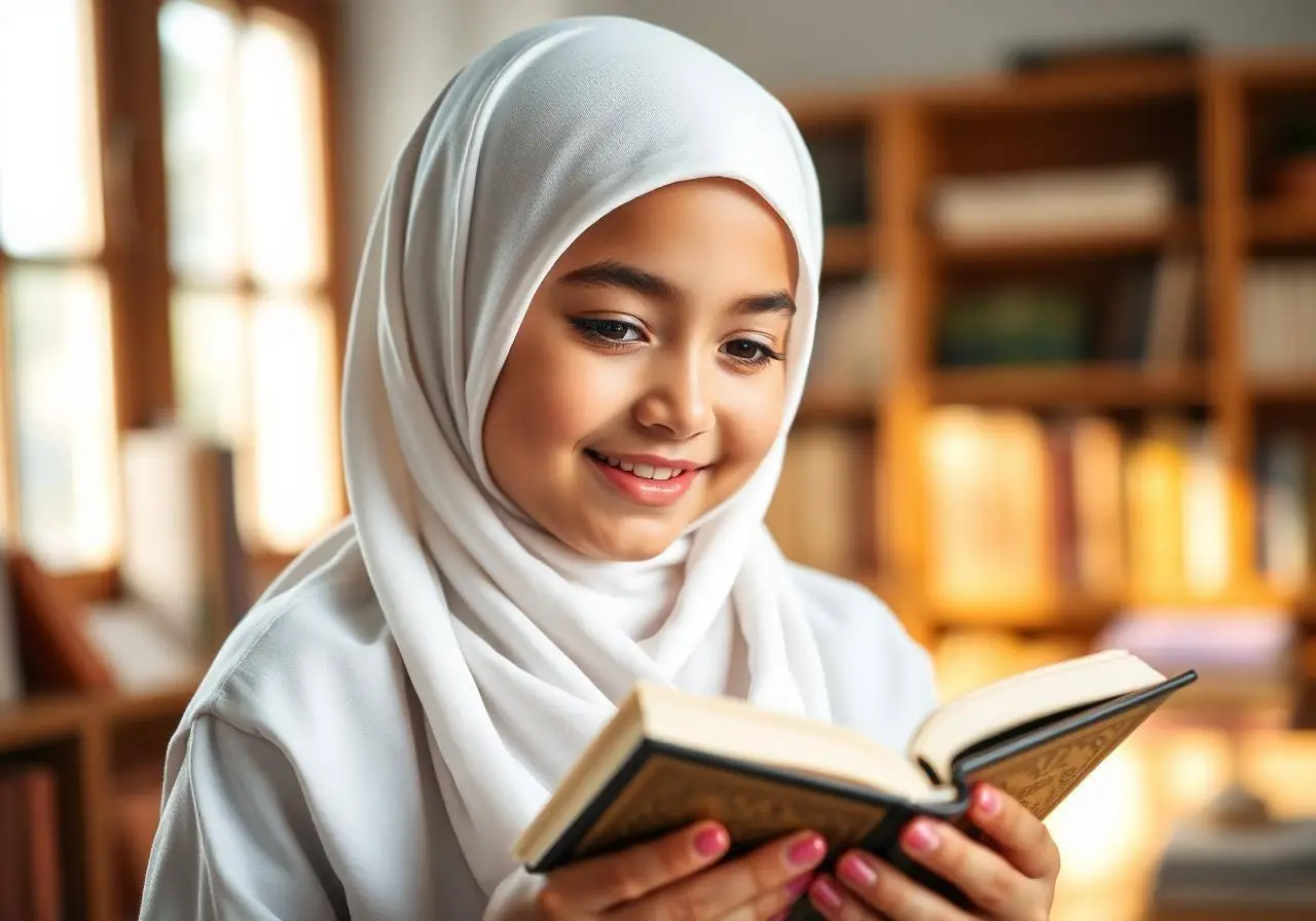 Muslim girl in hijab holding Holy Quran