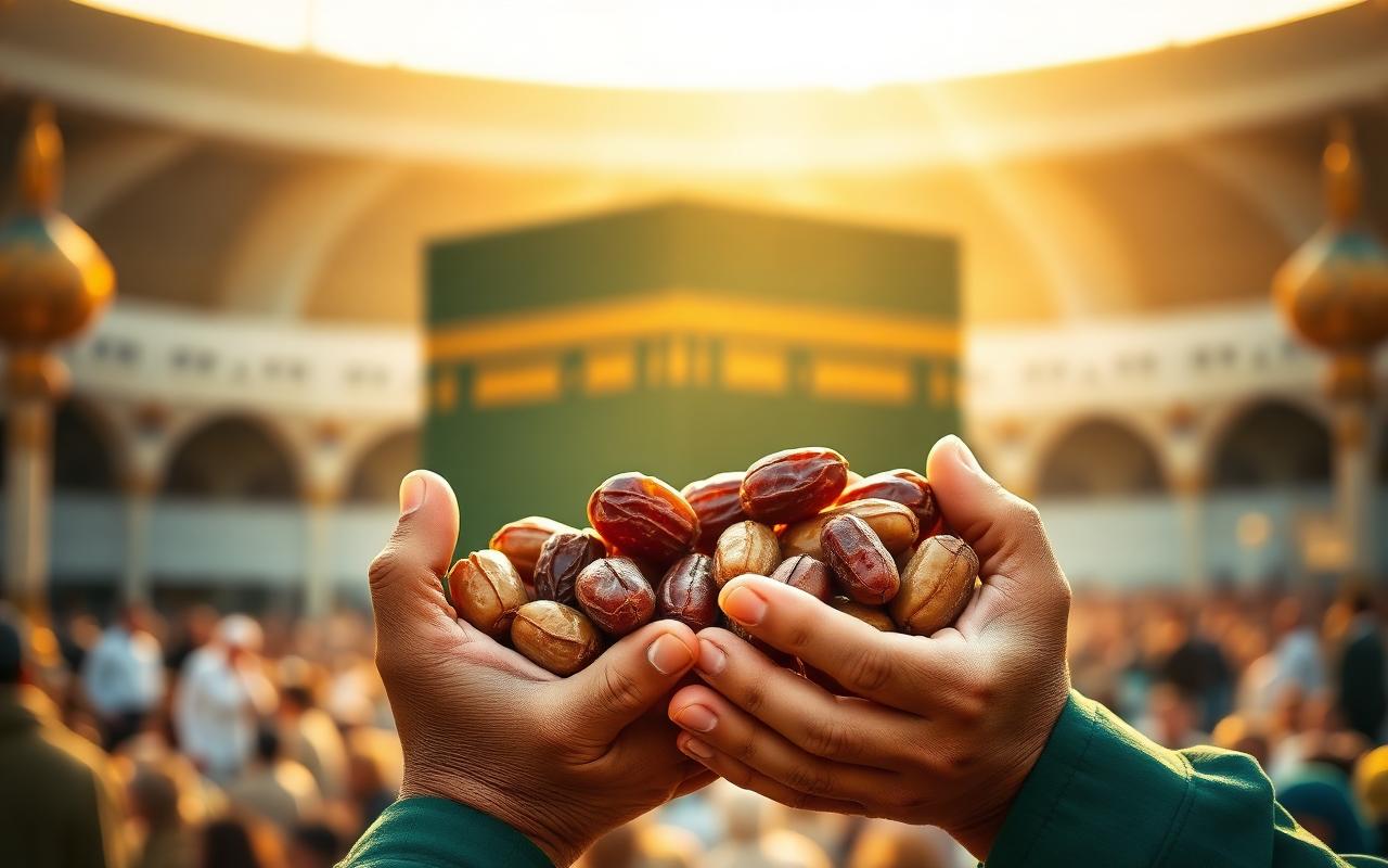 Hands holding dates with the Holy Kaaba in the background